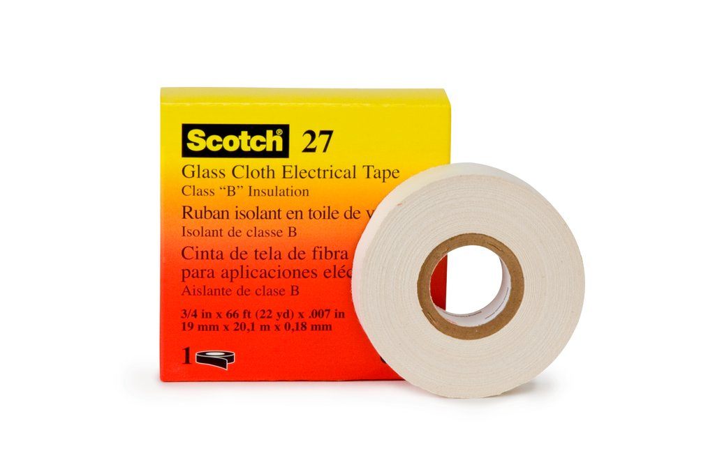 3M™ Glass Cloth Electrical Tape 27 is a 7 mil woven insulating tape with pressure sensitive rubber thermosetting adhesive. This tape is designed to operate in 600 volt dry applications requiring high mechanical strength and resistance to high temperatures. The adhesive is specially designed and prepared to provide corrosion protection.