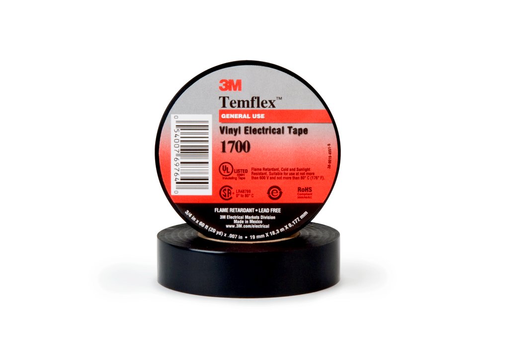 3M™ Temflex™ Electrical Tape 1700 is a 7 mil thick, general purpose, vinyl electrical tape. This flame retardant tape is designed for protective jacketing and harnessing. This tape is 600V rated and withstands a temperature range of 32 to 176 °F (0 to 80 °C).