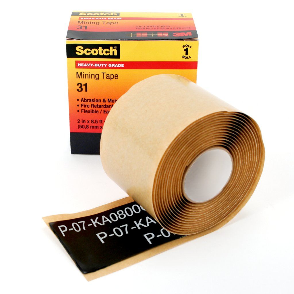 Scotch® Tape 31 is a 60 mil thick, premium grade, MSHA approved, heavy duty mining tape. This flexible tape provides resistance to abrasion, water and oil. It has an aggressive, abrasion resistant, rubber backing that is ideal for splicing and repairing jackets on mining cables. It withstands a wide temperature range of 32 to 221 °F (0 to 105 °C).