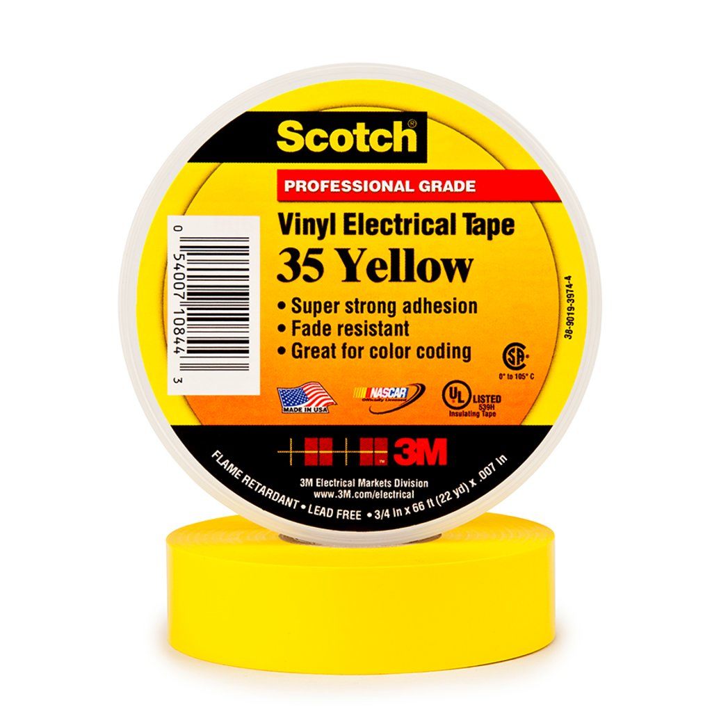 Scotch® Vinyl Color Coding Electrical Tape 35 is a 7 mil thick, premium grade, color coded electrical tape. This flame retardant tape is suitable for use in phase identification, color coding of motor leads and piping systems and for marking safety areas. This tape is 600V rated and withstands a temperature range of 32 to 221 °F (0 to 105 °C).