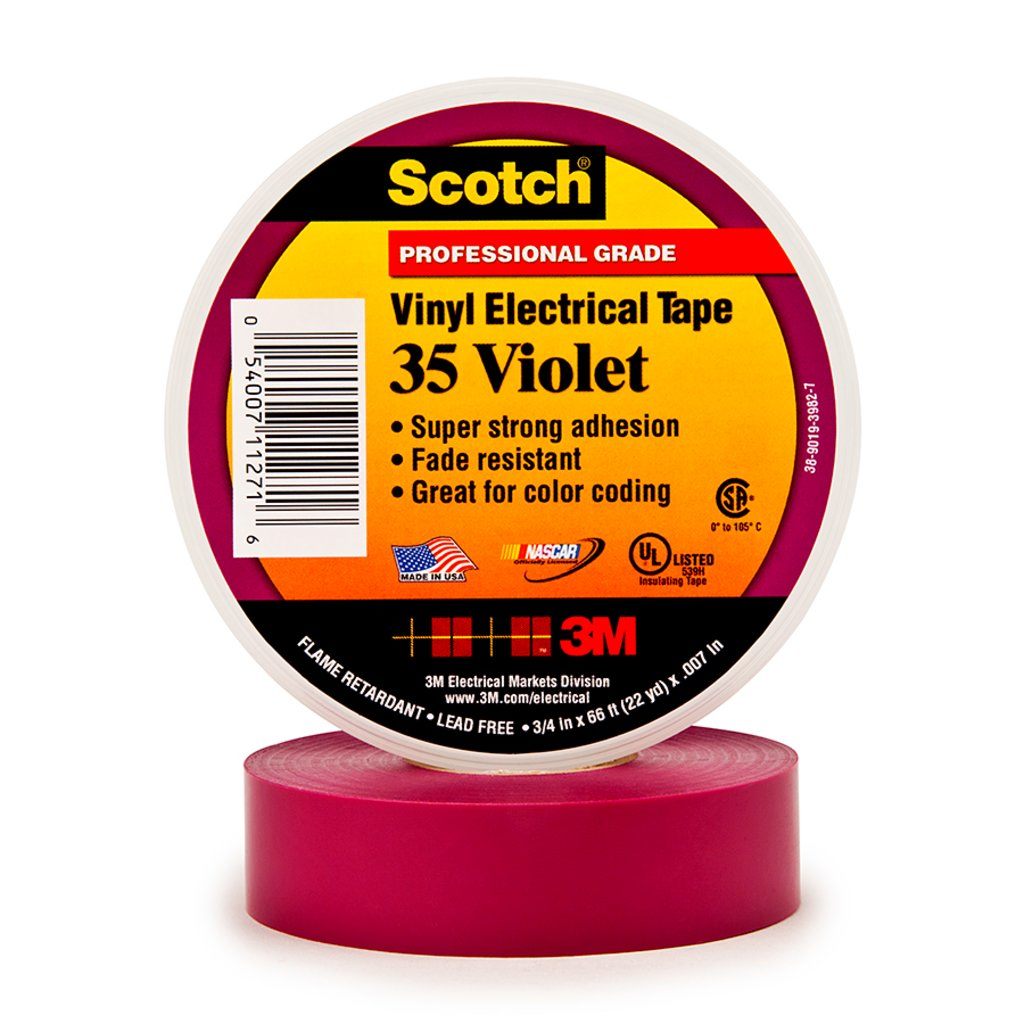 Scotch® Vinyl Color Coding Electrical Tape 35 is a 7 mil thick, premium grade, color coded electrical tape. This flame retardant tape is suitable for use in phase identification, color coding of motor leads and piping systems and for marking safety areas. This tape is 600V rated and withstands a temperature range of 32 to 221 °F (0 to 105 °C).