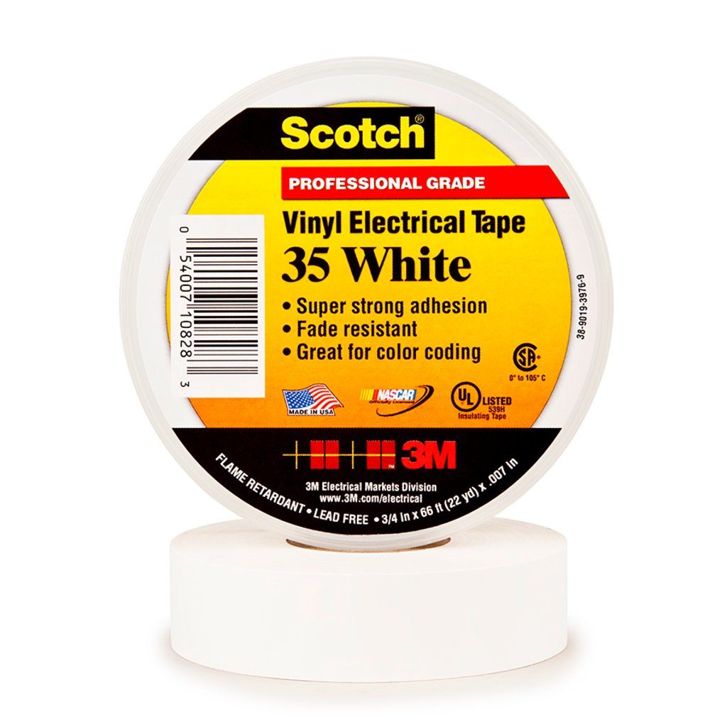 Scotch® Vinyl Color Coding Electrical Tape 35 is a 7 mil thick, premium grade, color coded electrical tape. This flame retardant tape is suitable for use in phase identification, color coding of motor leads and piping systems and for marking safety areas. This tape is 600V rated and withstands a temperature range of 32 to 221 °F (0 to 105 °C).