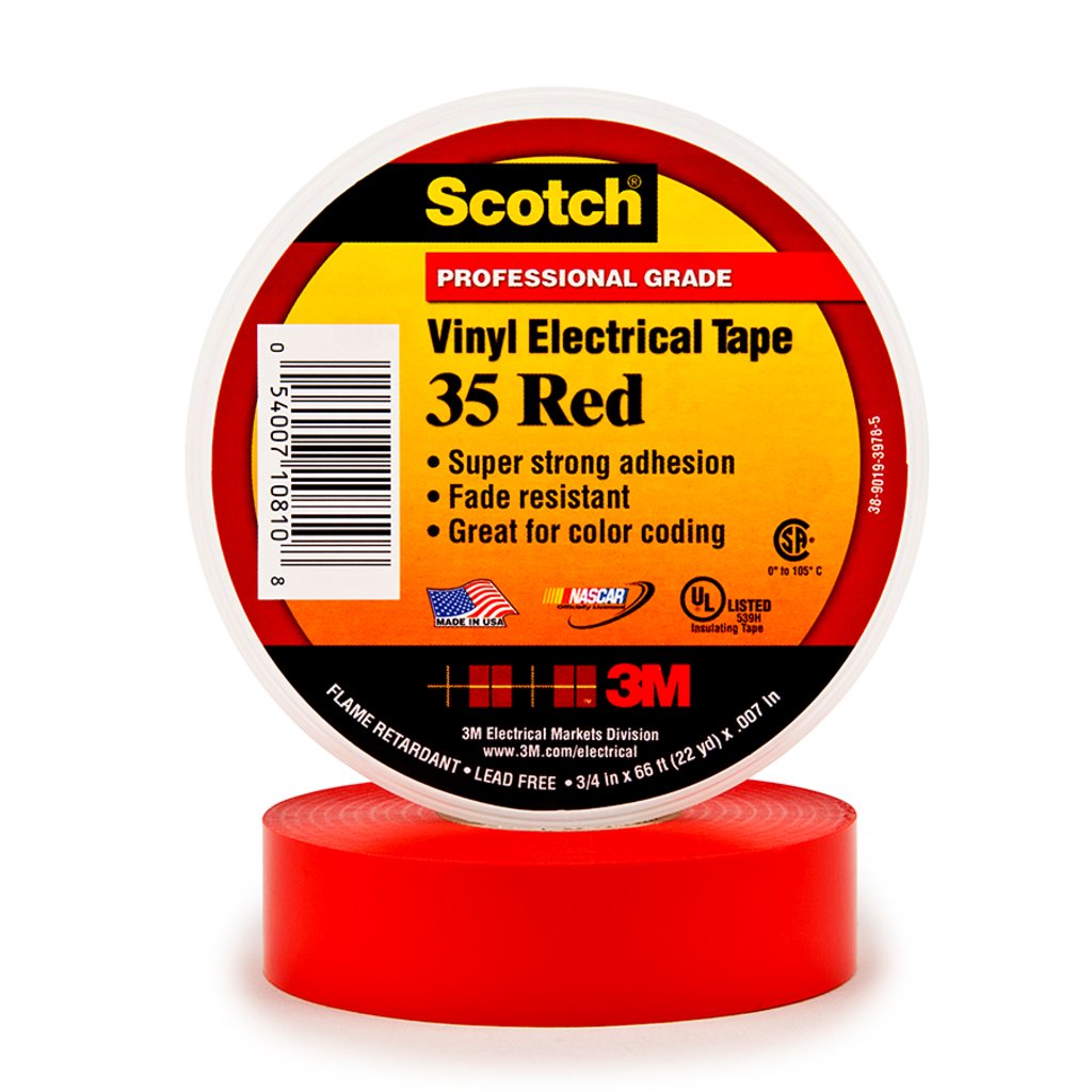 Scotch® Vinyl Color Coding Electrical Tape 35 is a 7 mil thick, premium grade, color coded electrical tape. This flame retardant tape is suitable for use in phase identification, color coding of motor leads and piping systems and for marking safety areas. This tape is 600V rated and withstands a temperature range of 32 to 221 °F (0 to 105 °C).