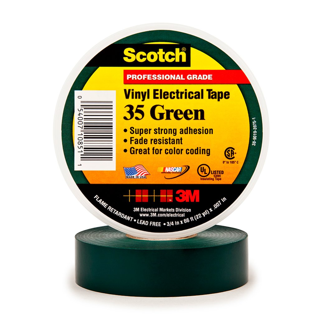 Scotch® Vinyl Color Coding Electrical Tape 35 is a 7 mil thick, premium grade, color coded electrical tape. This flame retardant tape is suitable for use in phase identification, color coding of motor leads and piping systems and for marking safety areas. This tape is 600V rated and withstands a temperature range of 32 to 221 °F (0 to 105 °C).