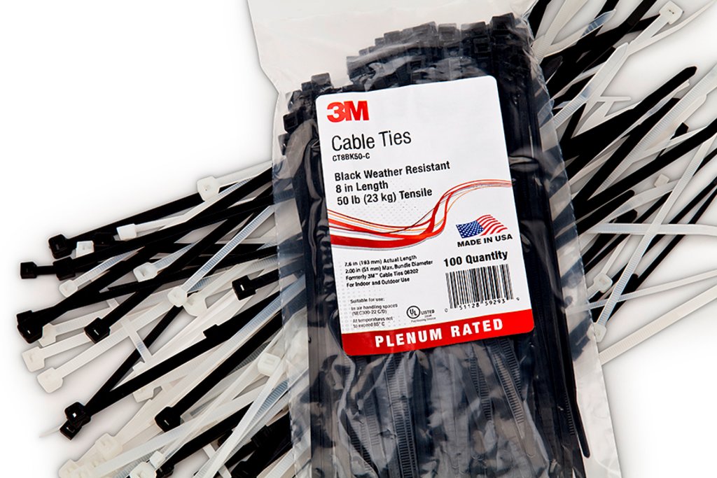 3M™ Standard Nylon Cable Ties are made with high-quality nylon 6/6 and designed to secure wire bundles and harness components quickly, without slipping. The curved tip allows for faster threading and installation, and they feature a self-locking head.