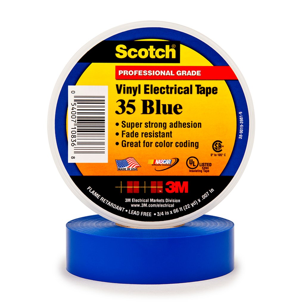 Scotch® Vinyl Color Coding Electrical Tape 35 is a 7 mil thick, premium grade, color coded electrical tape. This flame retardant tape is suitable for use in phase identification, color coding of motor leads and piping systems and for marking safety areas. This tape is 600V rated and withstands a temperature range of 32 to 221 °F (0 to 105 °C).