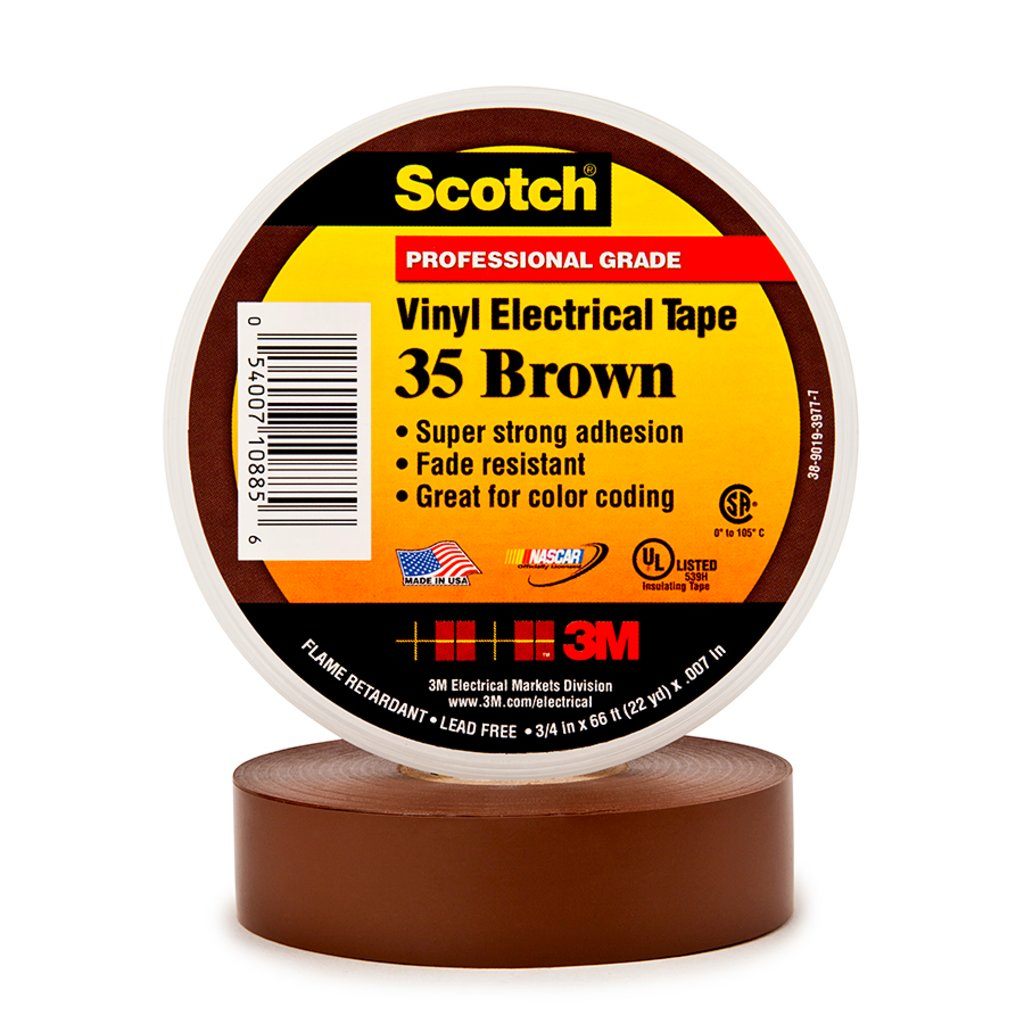 Scotch® Vinyl Color Coding Electrical Tape 35 is a 7 mil thick, premium grade, color coded electrical tape. This flame retardant tape is suitable for use in phase identification, color coding of motor leads and piping systems and for marking safety areas. This tape is 600V rated and withstands a temperature range of 32 to 221 °F (0 to 105 °C).