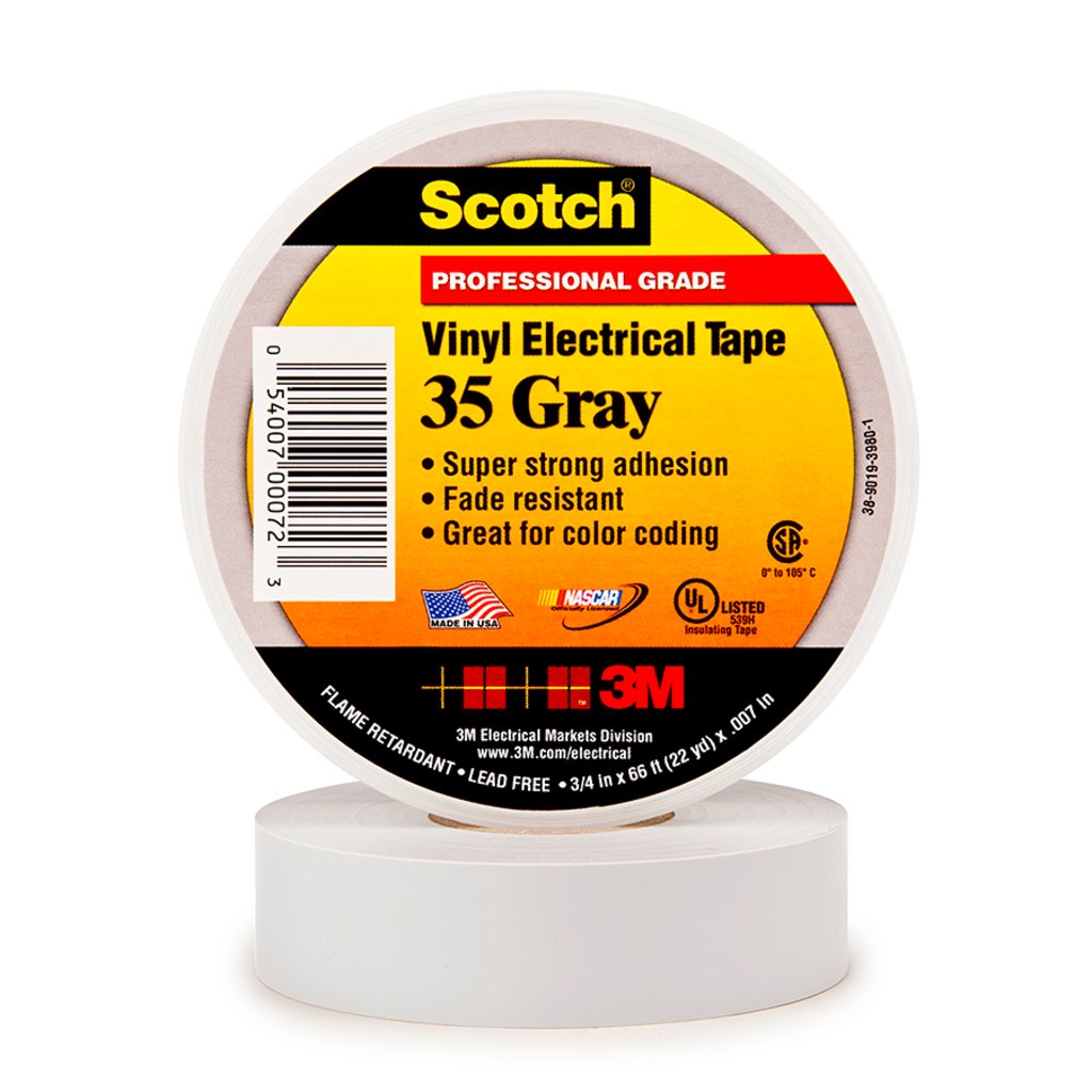 Scotch® Vinyl Color Coding Electrical Tape 35 is a 7 mil thick, premium grade, color coded electrical tape. This flame retardant tape is suitable for use in phase identification, color coding of motor leads and piping systems and for marking safety areas. This tape is 600V rated and withstands a temperature range of 32 to 221 °F (0 to 105 °C).