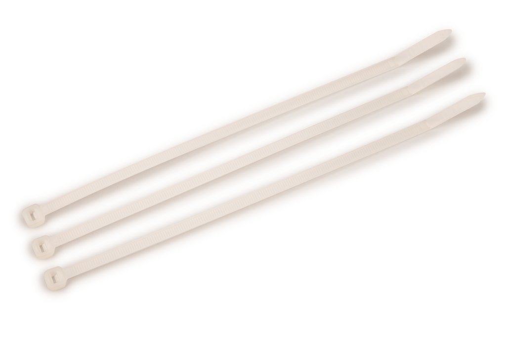 3M™ Standard Nylon Cable Ties are made with high-quality nylon 6/6 and designed to secure wire bundles and harness components quickly, without slipping. The curved tip allows for faster threading and installation, and they feature a self-locking head.