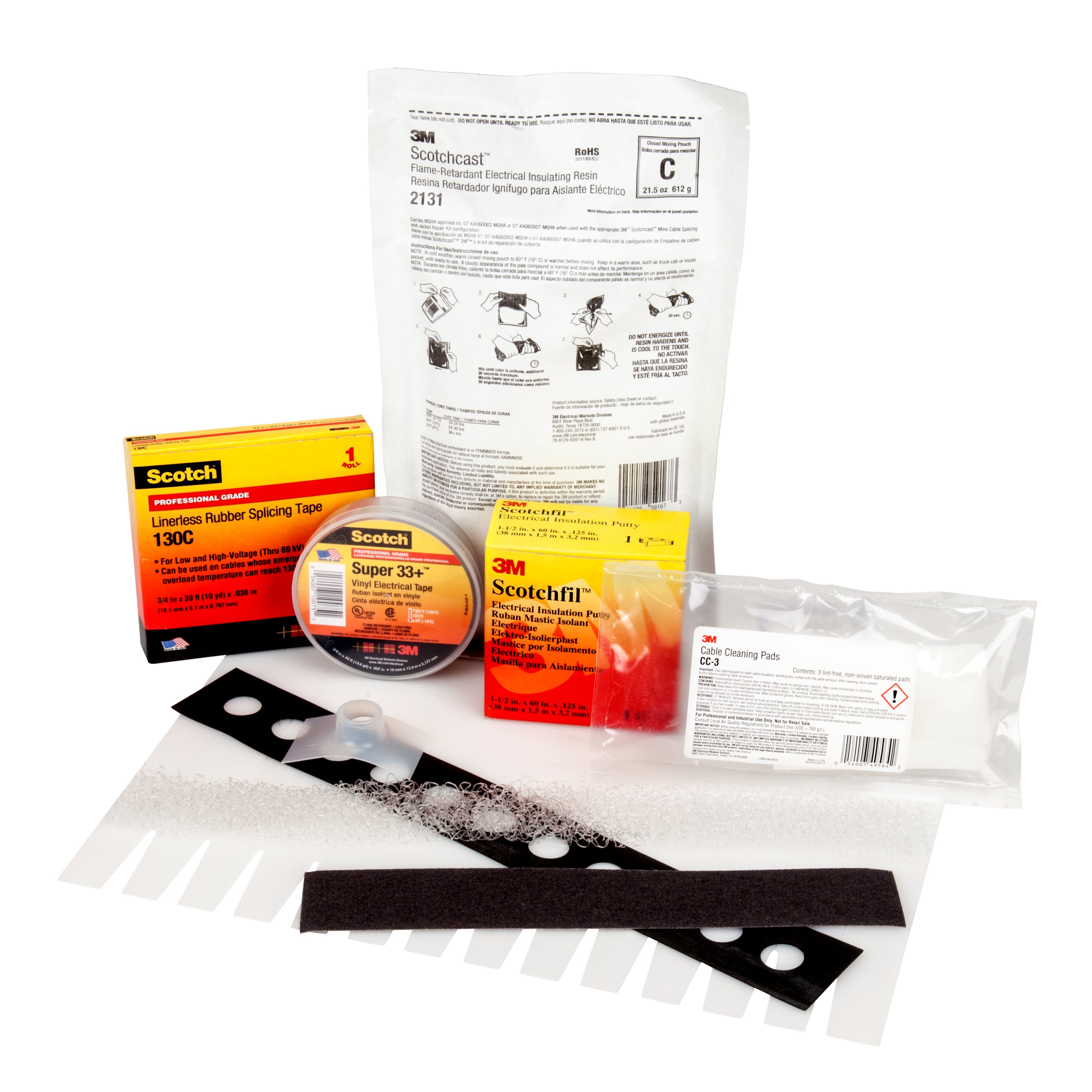 3M™ Sheath Seal Kit is used to seal the sheath area for multi conductor cables with or without ground wires. This kit includes 1 wraparound mold body, 2 bags 3M Scotchcast™ Flame Retardant Compound 2131, 1 3M Three M Ite™ Elek Tro Cut™ Abrasive Cloth, 1 roll Scotch Super 33+™ Vinyl Electrical Tape, 2 rolls Scotch Linerless Rubber Splice Tape 130C and 3M Scotchfil™ Electrical Insulation Putty.