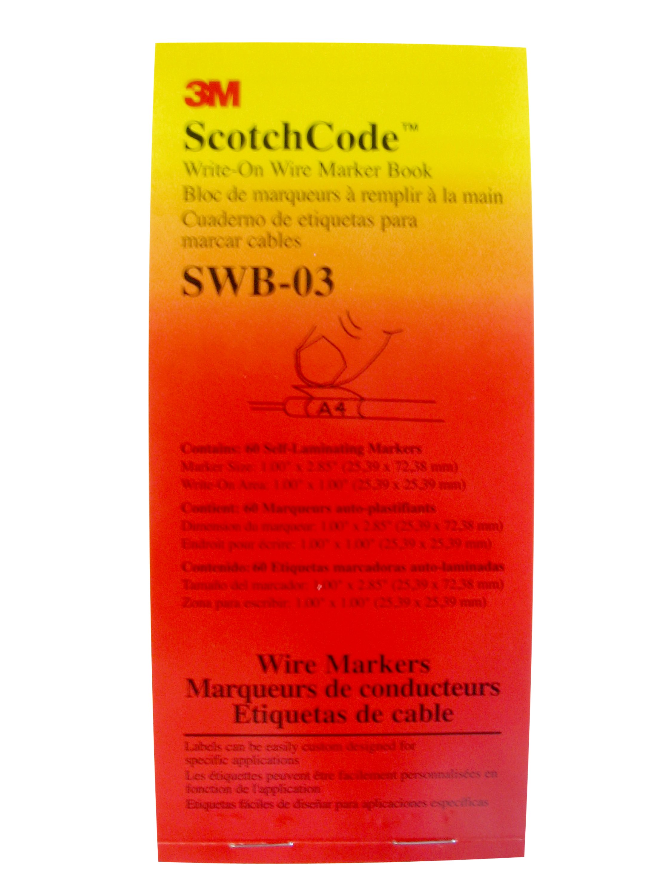 3M™ ScotchCode™ Write-On Wire Marker Books SWB contain self-laminating, write-on markers designed for small volume applications involving special or complex legends that are hand written at the job site.