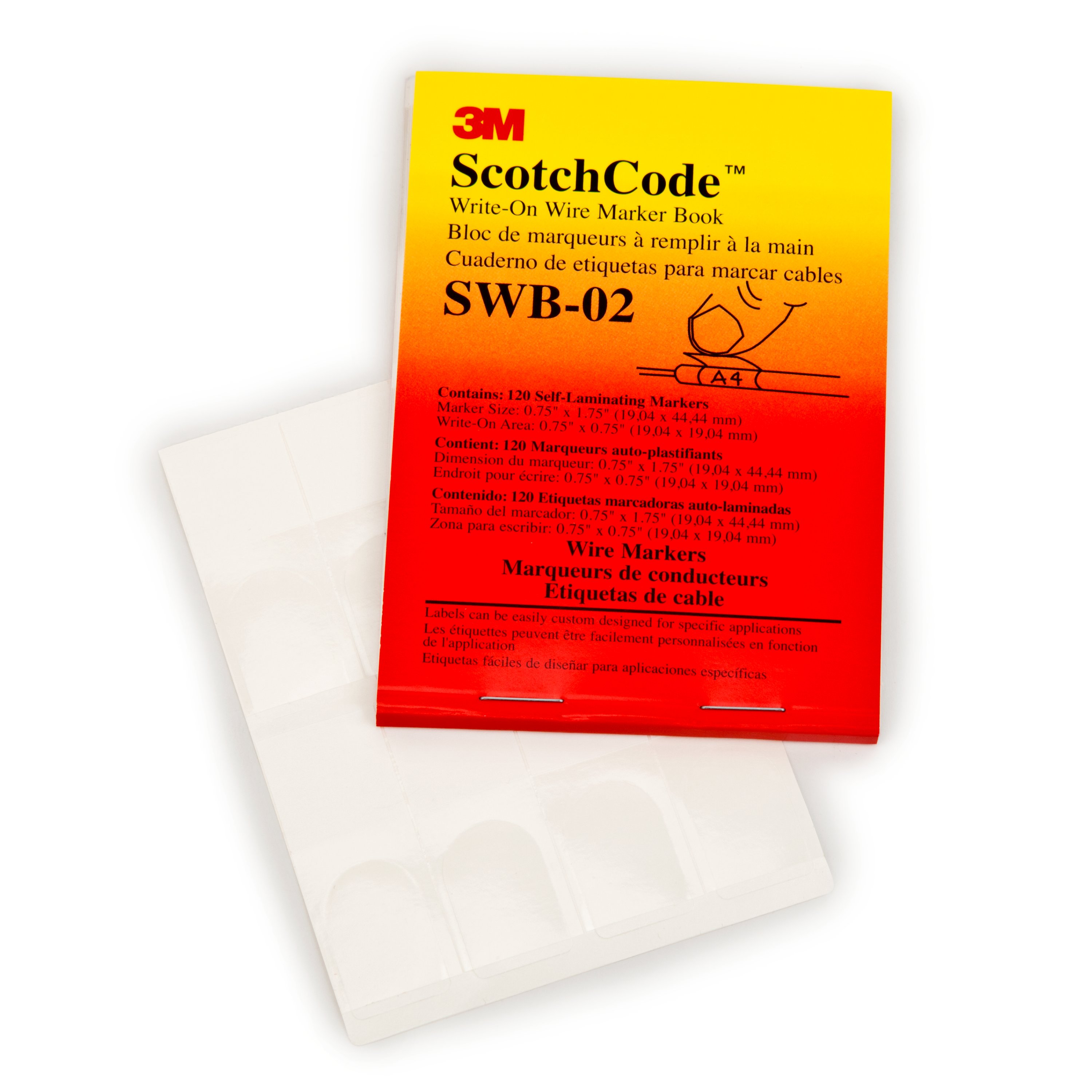 3M™ ScotchCode™ Write-On Wire Marker Books SWB contain self-laminating, write-on markers designed for small volume applications involving special or complex legends that are hand written at the job site.