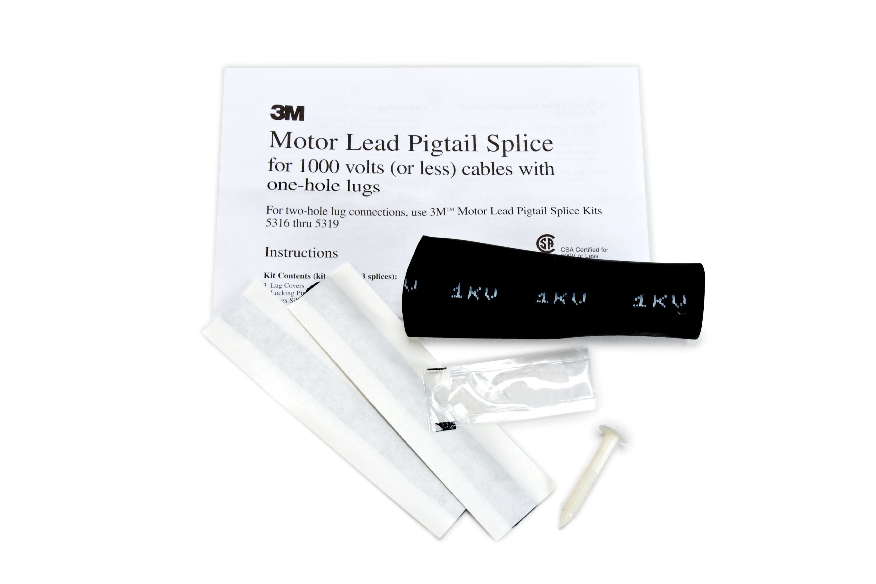 3M™ Motor Lead Pigtail Splicing Kits 5300 Series are designed for splicing motor lead cables to incoming feeder cables, including the accommodation of pigtail (stub) connections at 1000 volts and less. The splice’s main component, the slip-on lug cover, is made from EPDM rubber. Mastic strips are used for the moisture seal.These kits are designed to be used with copper compression, one-hole lugs. After being crimped onto the cables, the lugs are bolted together in a pigtail configuration, then insulated and sealed with the 3M Motor Lead Splicing Kit. Each kit makes three splices and contains the necessary materials (except lugs) needed to make three splices. The lugs must be purchased separately. 3M™ Scotchlok™ Copper Compression Lugs 30000 Series, or other UL listed copper lugs, can be used.Kit contents include:• (3) Pigtail lug covers• (3) Mastic sealing strips• (3) Locking pins (kits 5302–5304 only)• (3) Tubes of silicone grease• (1) Instruction sheet