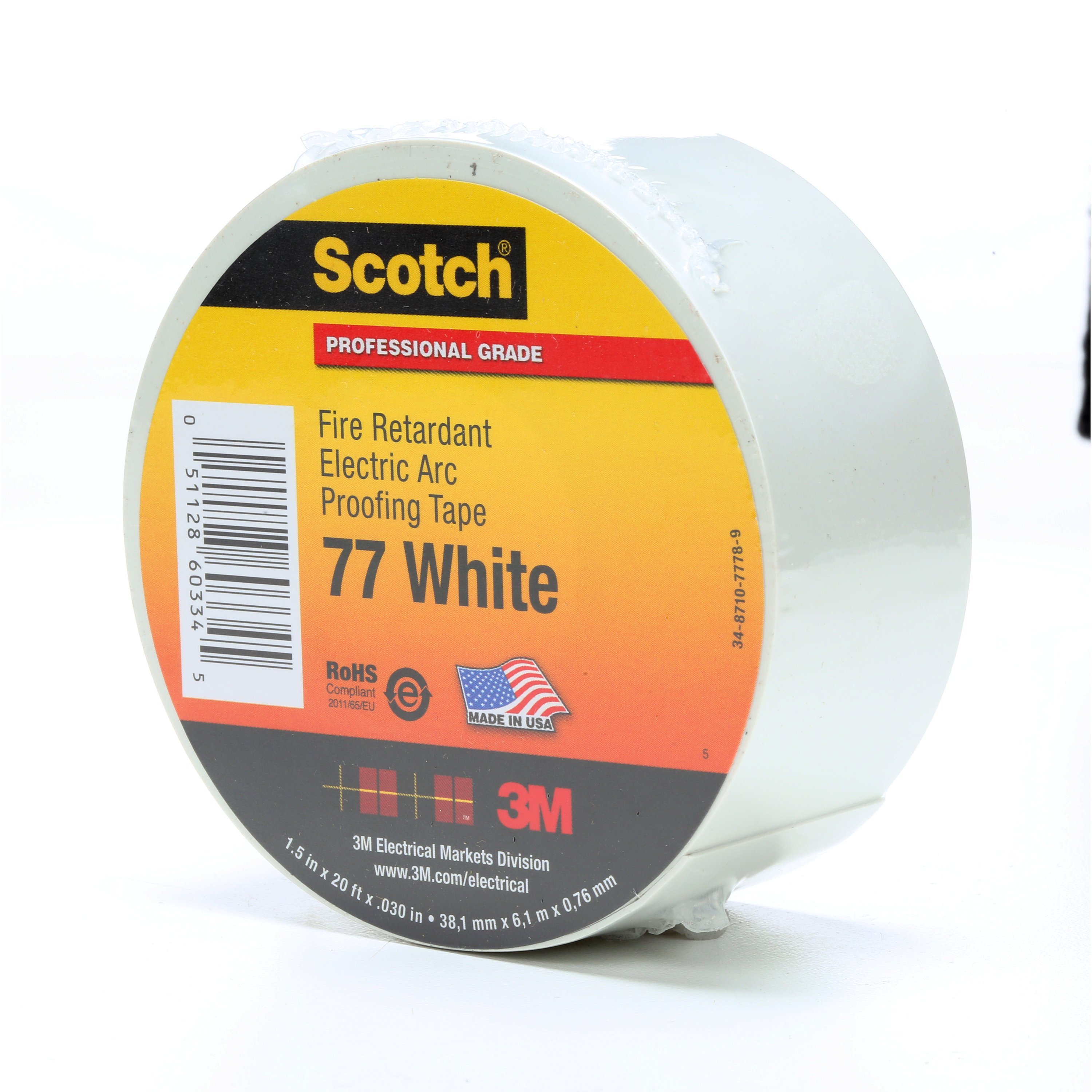 Scotch® Tape 77 is a 30 mil thick, premium grade, flame retardant, electric arc proofing tape. This tape is 600V rated and is suitable to protect most types of electrical cables when exposed to potential failures in an adjacent cable. It is designed with a flexible unsupported elastomer, which makes it easy to apply and easy to remove for cable inspection.
