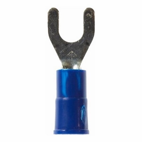 3M™ Highland™ Color-Coded Standard Fork is a lug connection terminal that has a wider tongue for use on free-standing studs. The terminal has a vinyl-insulated, butted-seam barrel and withstands temperatures of -40 to 221 degrees F (-40 to 105 degrees C). Electrolytic copper construction offers good conductivity and a tin-plated finish resists corrosion.