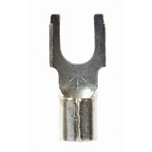 3M™ Scotchlok™ Block Fork is a lug connection terminal that ensures an ideal fit while offering reliable and safe performance. The non-insulated, brazed-seam barrel has a beveled mouth that guides the wire into position, and it withstands temperatures of 347 degrees F (175 degrees C). Electrolytic copper construction offers good conductivity and a tin-plated finish resists corrosion.