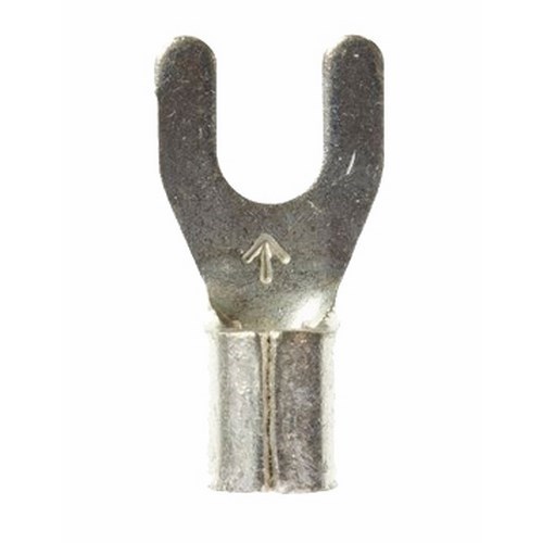 3M™ Scotchlok™ Standard Fork is a lug connection terminal that has a wider tongue for use on free-standing studs. The non-insulated, brazed-seam barrel has a beveled mouth that guides the wire into position, and it withstands a maximum temperature of 347 degrees F (175 degrees C). Electrolytic copper construction offers good conductivity and a tin-plated finish resists corrosion.