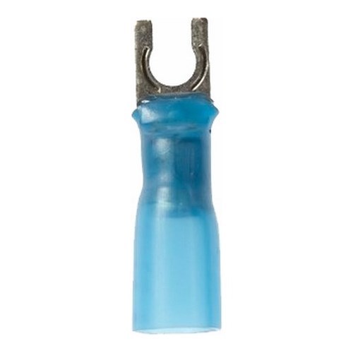 3M™ Scotchlok™ Color-Coded Heat Shrink Locking Fork terminal has a spring-like tongue to securely lock around the stud. The brazed-seam barrel is covered by an adhesive-lined polyolefin tubing to offer moisture-seal protection. It withstands a maximum temperature of 221 degrees F (105 degrees C). Electrolytic copper construction offers good conductivity and a tin-plated finish resists corrosion.