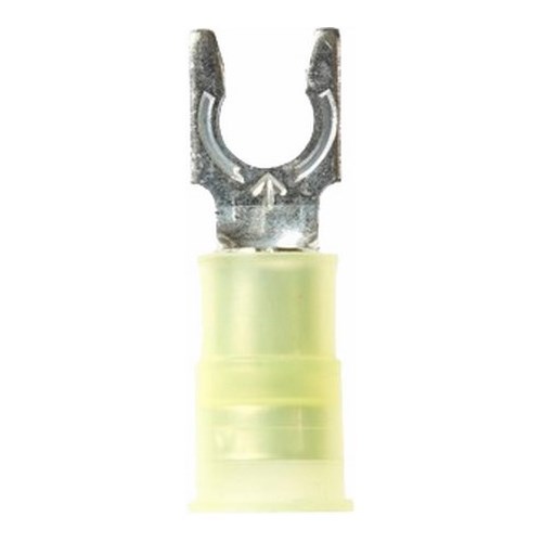 3M™ Scotchlok™ Color-Coded Locking Fork is a lug connection terminal that has a spring-like tongue to securely lock around the stud. The terminal has a nylon-insulated, butted-seam barrel and withstands temperatures of -40 to 221 degrees F (-40 to 105 degrees C). Electrolytic copper construction offers good conductivity and a tin-plated finish resists corrosion.