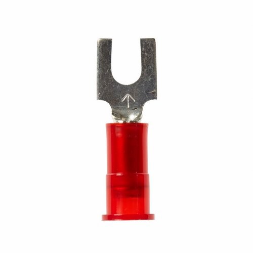 3M™ Scotchlok™ Color-Coded Block Fork is a lug connection terminal that ensures an ideal fit while offering reliable and safe performance. The terminal has a nylon-insulated, butted-seam barrel and withstands temperatures of -40 to 221 degrees F (-40 to 105 degrees C). Electrolytic copper construction offers good conductivity and a tin-plated finish resists corrosion.