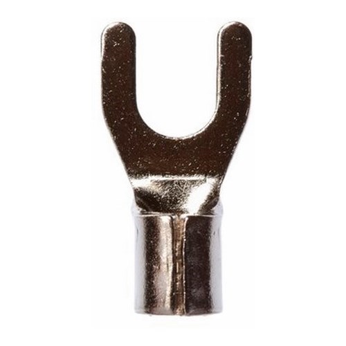 3M™ Scotchlok™ High-Temperature Standard Fork is a lug connection terminal that has a wider tongue for use on free-standing studs. The terminal has a non-insulated, butted-seam barrel and withstands a maximum temperature of 900 degrees F (482 degrees C). Steel construction offers durability and a nickel-plated finish resists corrosion.
