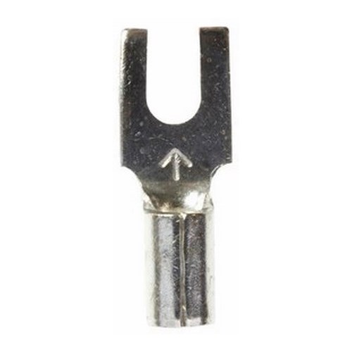3M™ Scotchlok™ Small Block Fork is a lug connection terminal that ensures an ideal fit while offering reliable and safe performance. The non-insulated, butted-seam barrel has a beveled mouth that guides the wire into position, and it withstands temperatures of 347 degrees F (175 degrees C). Electrolytic copper construction offers good conductivity and a tin-plated finish resists corrosion.