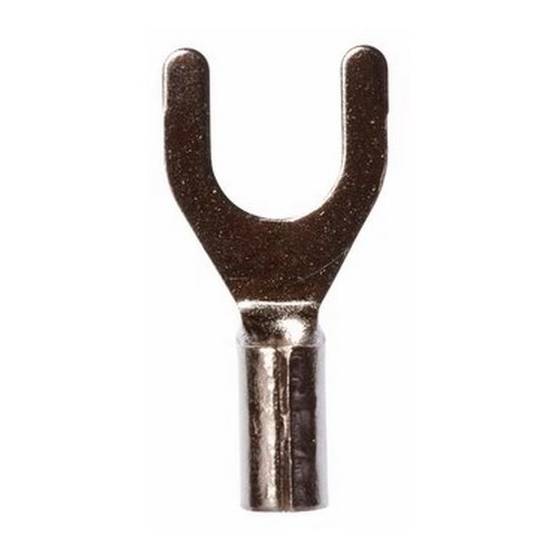 3M™ Scotchlok™ High-Temperature Standard Fork is a lug connection terminal that has a wider tongue for use on free-standing studs. The terminal has a non-insulated, butted-seam barrel and withstands a maximum temperature of 900 degrees F (482 degrees C). Steel construction offers durability and a nickel-plated finish resists corrosion.