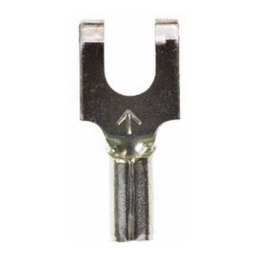3M™ Scotchlok™ Flanged Block Fork is a lug connection terminal that ensures an ideal fit while offering reliable and safe performance. The non-insulated, butted-seam barrel has a beveled mouth that guides the wire into position, and it withstands temperatures of 347 degrees F (175 degrees C). Electrolytic copper construction offers good conductivity and a tin-plated finish resists corrosion.