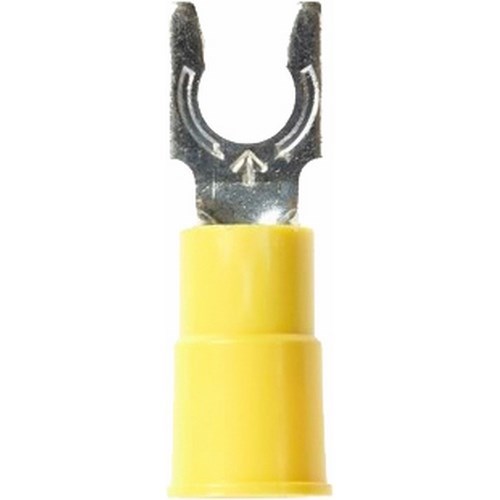 3M™ Scotchlok™ Color-Coded Locking Fork is a lug connection terminal that has a spring-like tongue to securely lock around the stud. The terminal has a vinyl-insulated, brazed-seam barrel and withstands temperatures of -40 to 221 degrees F (-40 to 105 degrees C). Electrolytic copper construction offers good conductivity and a tin-plated finish resists corrosion.