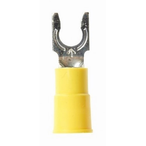 3M™ Scotchlok™ Color-Coded Locking Fork is a lug connection terminal that has a spring-like tongue to securely lock around the stud. The terminal has a vinyl-insulated, butted-seam barrel and withstands temperatures of -40 to 221 degrees F (-40 to 105 degrees C). Electrolytic copper construction offers good conductivity and a tin-plated finish resists corrosion.