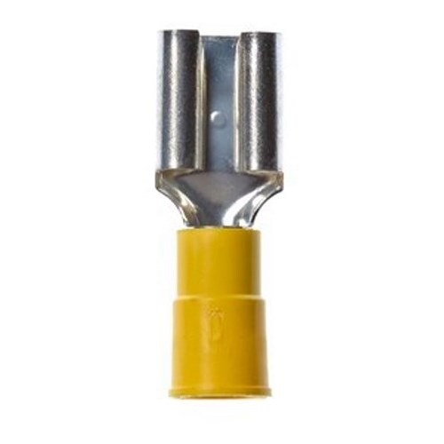 3M™ Scotchlok™ Color-Coded Standard Female Disconnect Terminal has dents and rolled edges to offer superior holding force while allowing for quick and easy disconnect. The terminal has a vinyl-insulated, butted-seam barrel and withstands temperatures of -40 to 221 degrees F (-40 to 105 degrees C). Its durable brass construction offers good conductivity and a tin-plated finish resists corrosion.