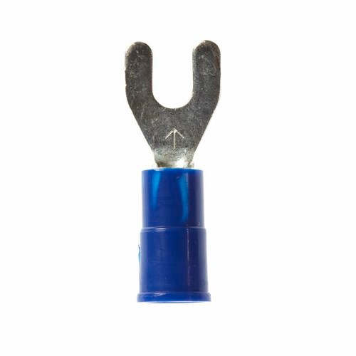 3M™ Scotchlok™ Color-Coded Standard Fork is a lug connection terminal that has a wider tongue for use on free-standing studs. The terminal has a vinyl-insulated, butted-seam barrel and withstands temperatures of -40 to 221 degrees F (-40 to 105 degrees C). Electrolytic copper construction offers good conductivity and a tin-plated finish resists corrosion.