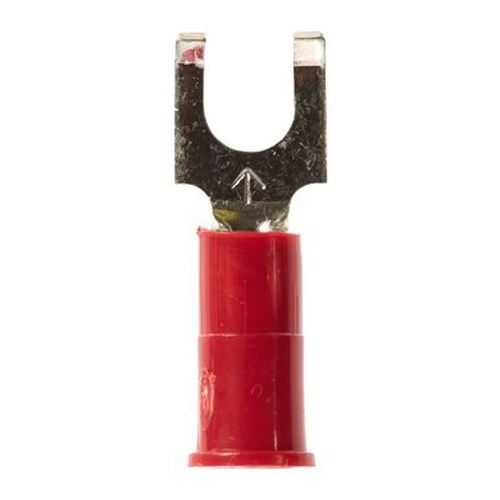 3M™ Scotchlok™ Color-Coded Flanged Block Fork is a lug connection terminal that ensures an ideal fit while offering reliable and safe performance. The terminal has a vinyl-insulated, butted-seam barrel and withstands temperatures of -40 to 221 degrees F (-40 to 105 degrees C). Electrolytic copper construction offers good conductivity and a tin-plated finish resists corrosion.