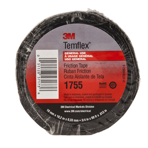 3M™ Temflex™ Friction Tape 1755 is a black friction tape designed to provide mechanical protection against abrasion and cut through for cable, wire splices and connections insulated with rubber electrical tape. The 13 mil thick tape is composed of a high quality cotton fabric, coated on both sides with an electrical grade, solvent free, rubber adhesive.