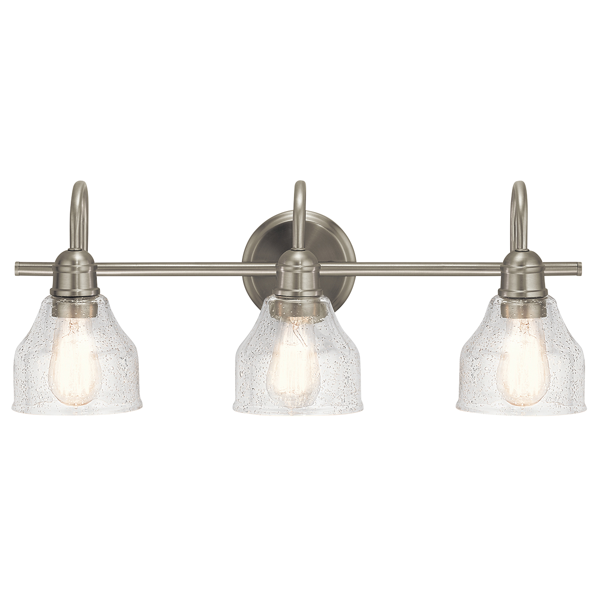 Create a masterpiece with this 3 light bath light from the Avery collection. In a Brushed Nickel finish with  Clear Seeded glass.