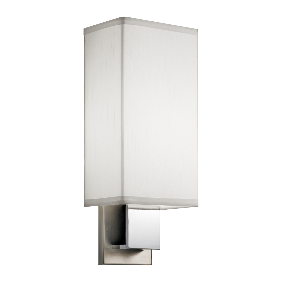With simple curves and pleasing clarity, this LED  wall sconce from the Santiago collection is ideal for any bathroom and vanity space. Calm and energy efficient, this design uses a White Linen Fabric shade and a Matte White Acrylic Diffuser to create widespread uniform light. Featuring a playful Brushed Nickel and Chrome finished ribbon trim, you can effortlessly incorporate this adaptable design into your existing dÃƒÂ(c)cor.