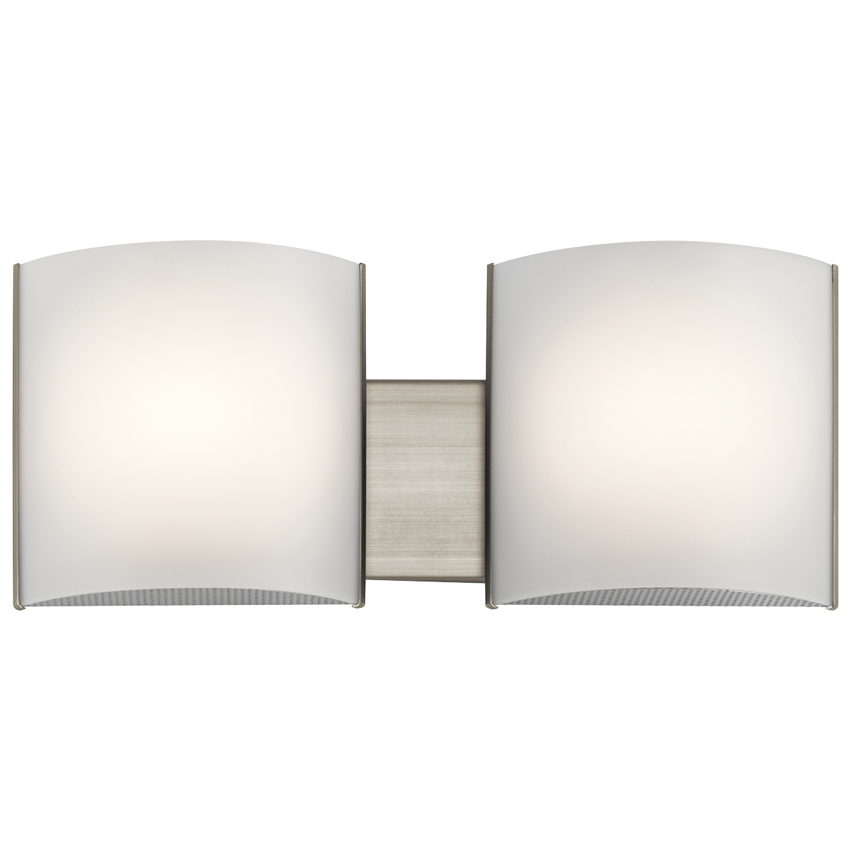 This two-light LED bath fixture showcases clean, rounded lines. Available in a Brushed Nickel finish with a white acrylic diffuser.