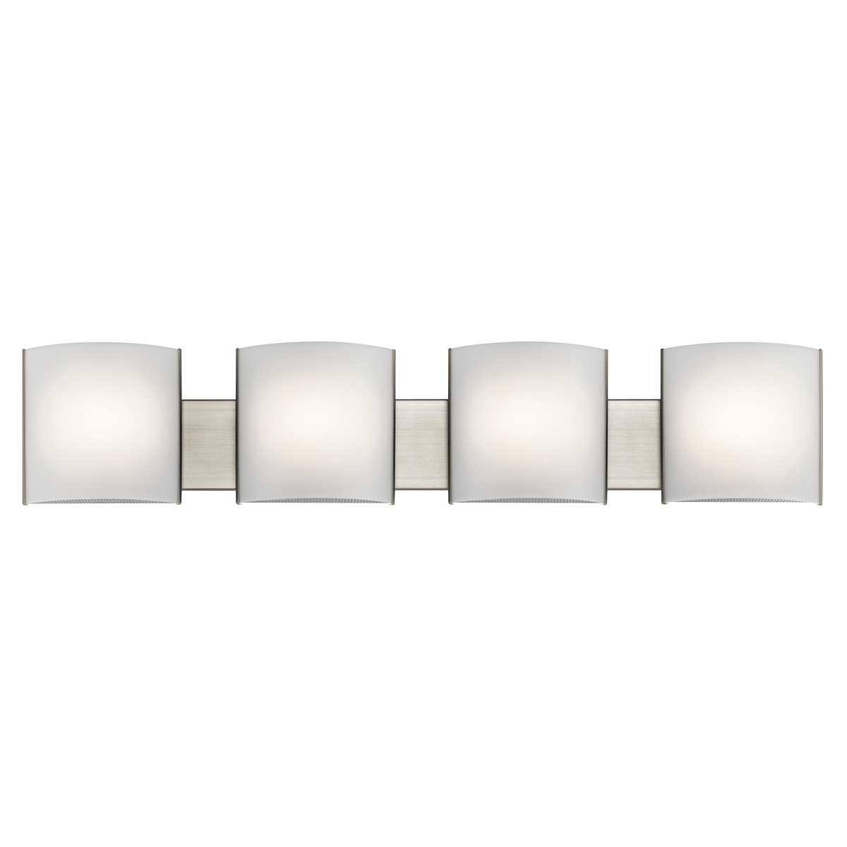 This four-light LED bath fixture showcases clean, rounded lines. Available in a Brushed Nickel finish with a white acrylic diffuser.