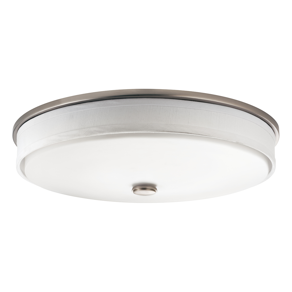 With simple curves and pleasing clarity, this LED flush mounted ceiling fixture from the Santiago collection is ideal for any bathroom and vanity space. Calm and energy efficient, this design uses a Linen Fabric Shade and a Matte White Acrylic Diffuser to create widespread uniform light. Featuring a playful Brushed Nickel finished ribbon trim, you can effortlessly incorporate this adaptable design into your existing dÃƒÂ(c)cor.