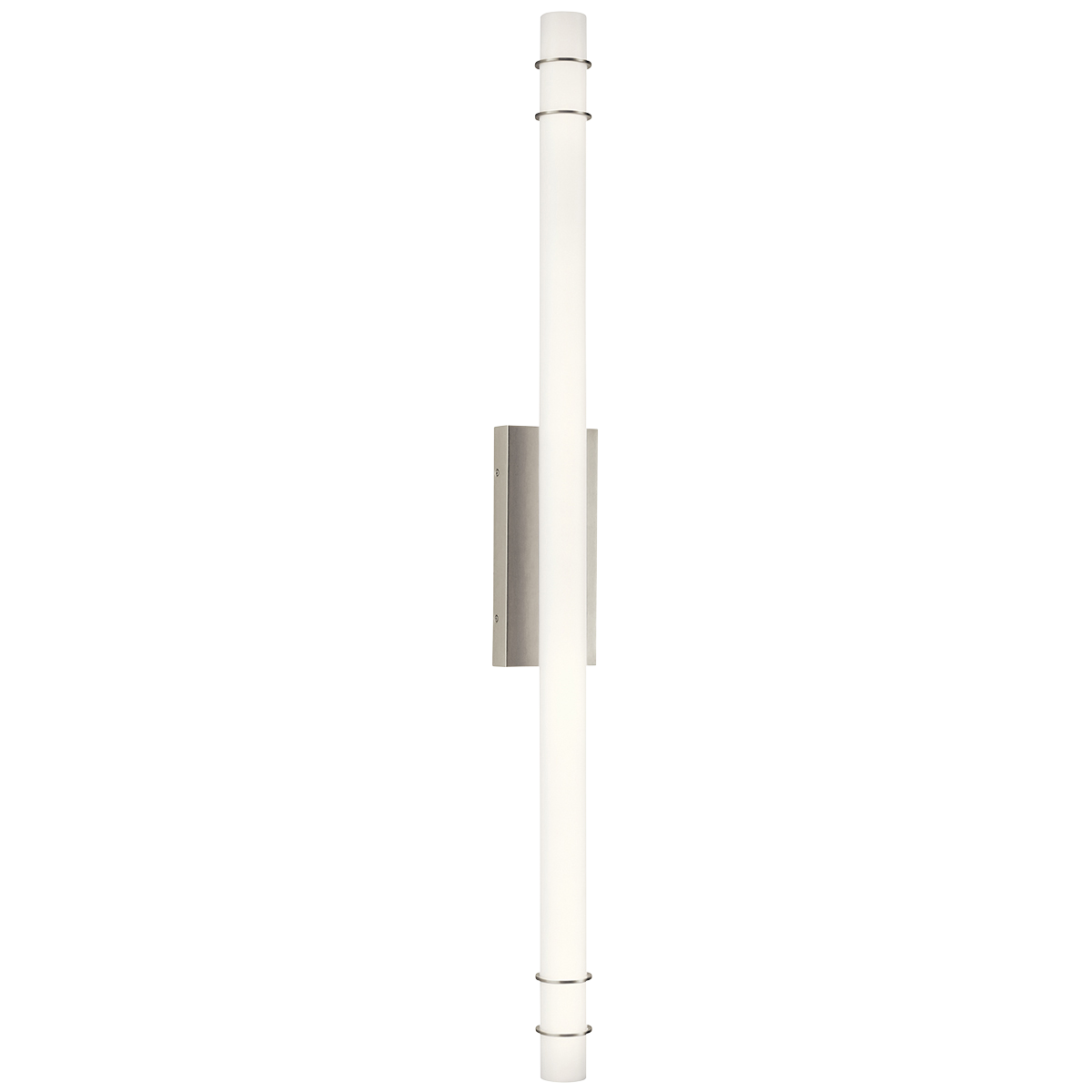 Bring sleek sophistication to a bath with the polished look of the 48in.in. LED bath light from the Korona collection. A White Acrylic diffuser is accented with rings of Brushed Nickel to add brilliance to this appealing piece.
