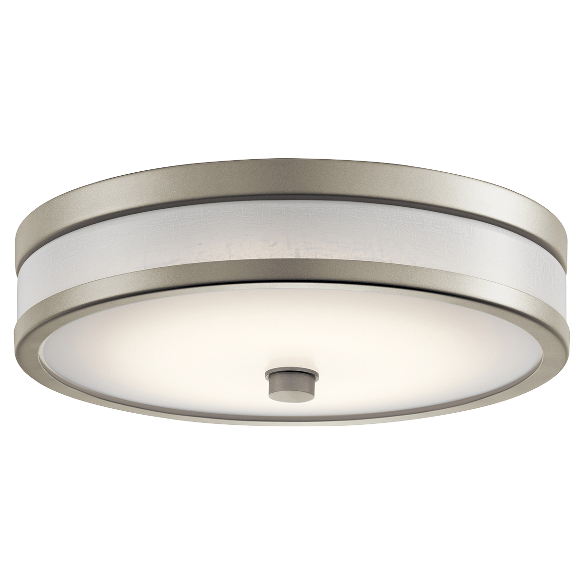 The Pira collection 12in.in. LED flush mount features sleek lines and smooth edges create a soft look and relaxed ambience, enhanced by a Brushed Nickel finish. A unique Wood Linen or White Vinyl shade and tinted glass with painted linen adds instant intrigue and sophistication in any home setting.