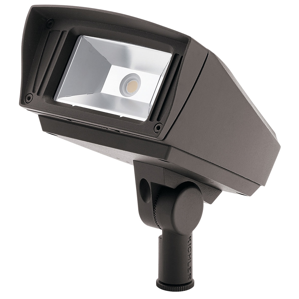 The Kichler DLCâ„¢ Listed C-Series 12W,  knuckle-mount Commercial Outdoor small flood light is an  integrated LED fixture that features 120V-277V Universal voltage with built in surge protection and is rated for wet locations. Featuring an integrated cowl, durable knuckle construction, and an all-metal housing with a textured polyester powder coat finish (shown here in Textured Architectural Bronze), it is designed for high use wear and tear.