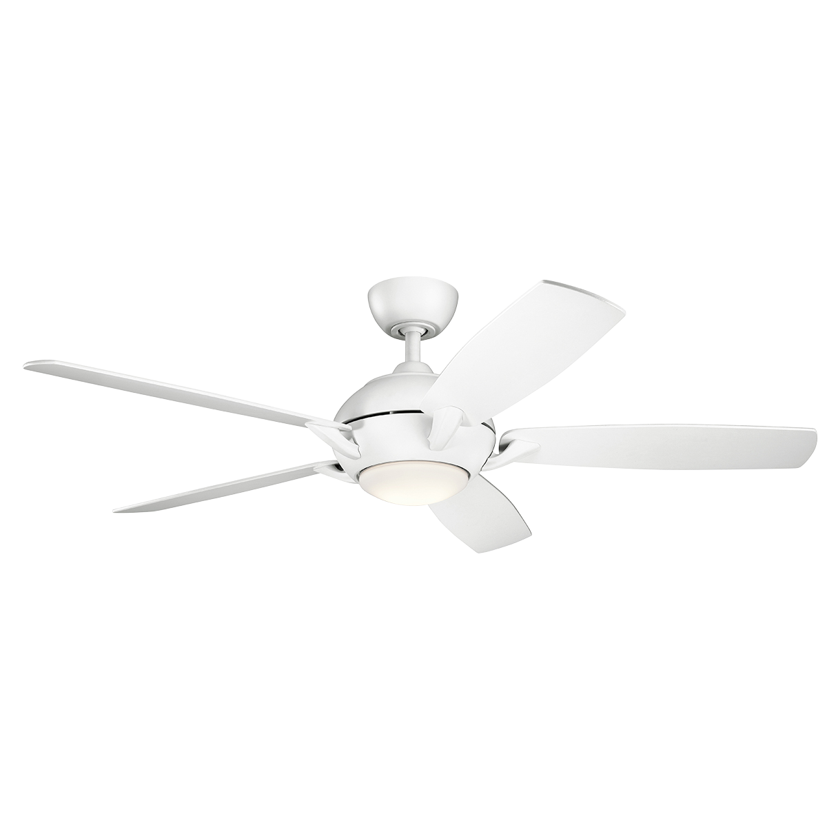 54 Inch Geno Fan in MWH,in. This transitionally styled, Matte White ceiling fan from the Geno(TM) collection fits a range of decorating tastes. Attractive blade irons, integrated LED light kit and an included remote control operating system make this a great choice for your home.