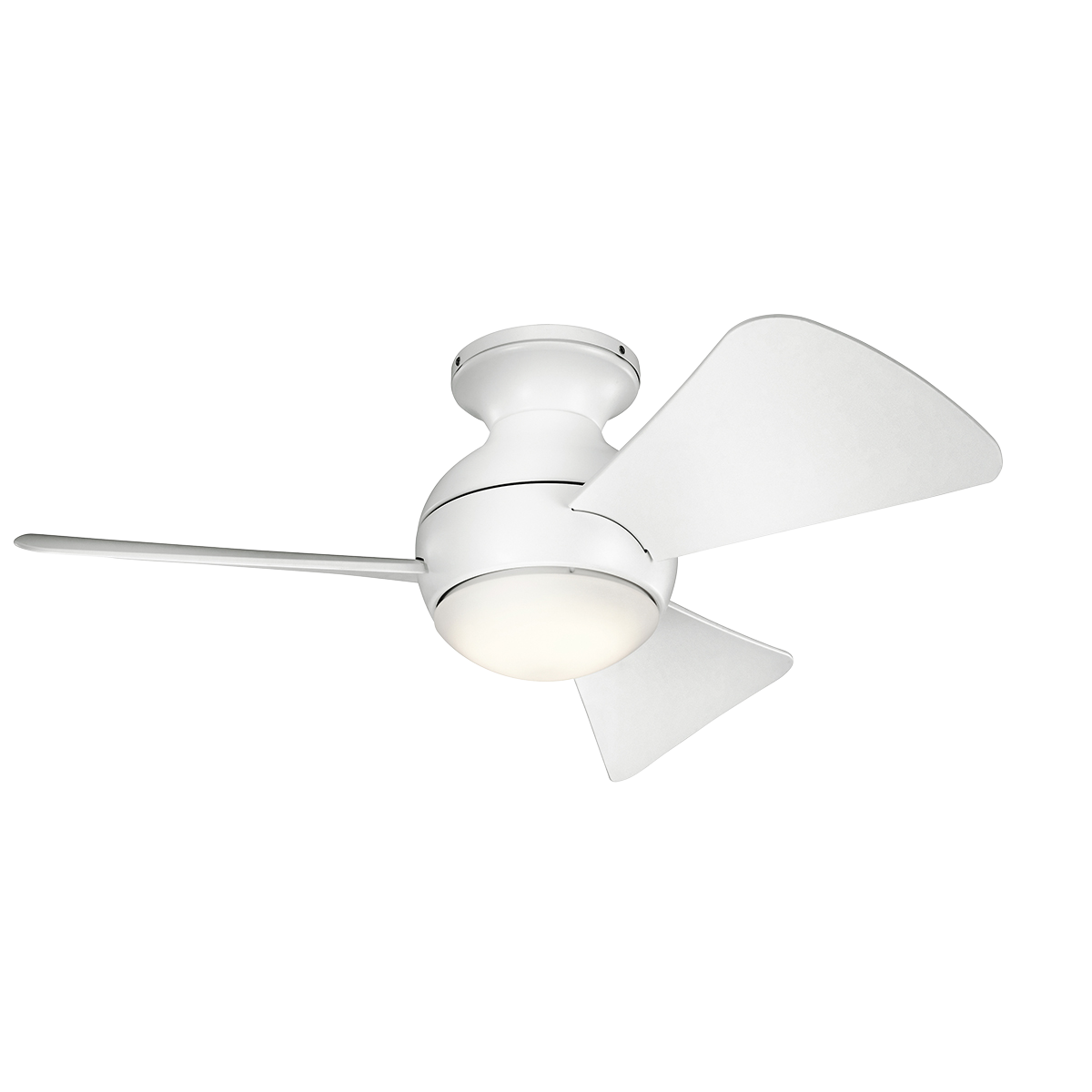 34 Inch Sola Fan in MWH,in. This Matte White 34 inch ceiling fan from the Sola collection which can be used in wet locations, features integrated LED lighting and flush mount installation.  The globe inspired motor housing shape brings delightful style to any space.  A metal fixture cap is included for non light use installations.