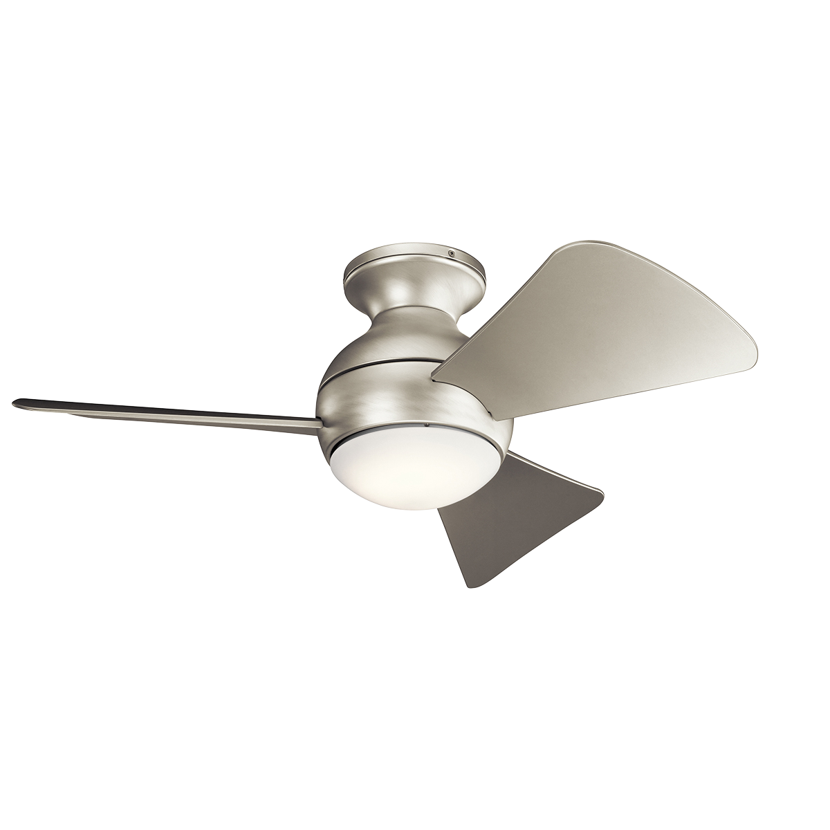 34 Inch Sola Fan in NI,in. This Brushed Nickel 34 inch ceiling fan from the Sola collection which can be used in wet locations, features integrated LED lighting and flush mount installation.  The globe inspired motor housing shape brings delightful style to any space.  A metal fixture cap is included for non light use installations.
