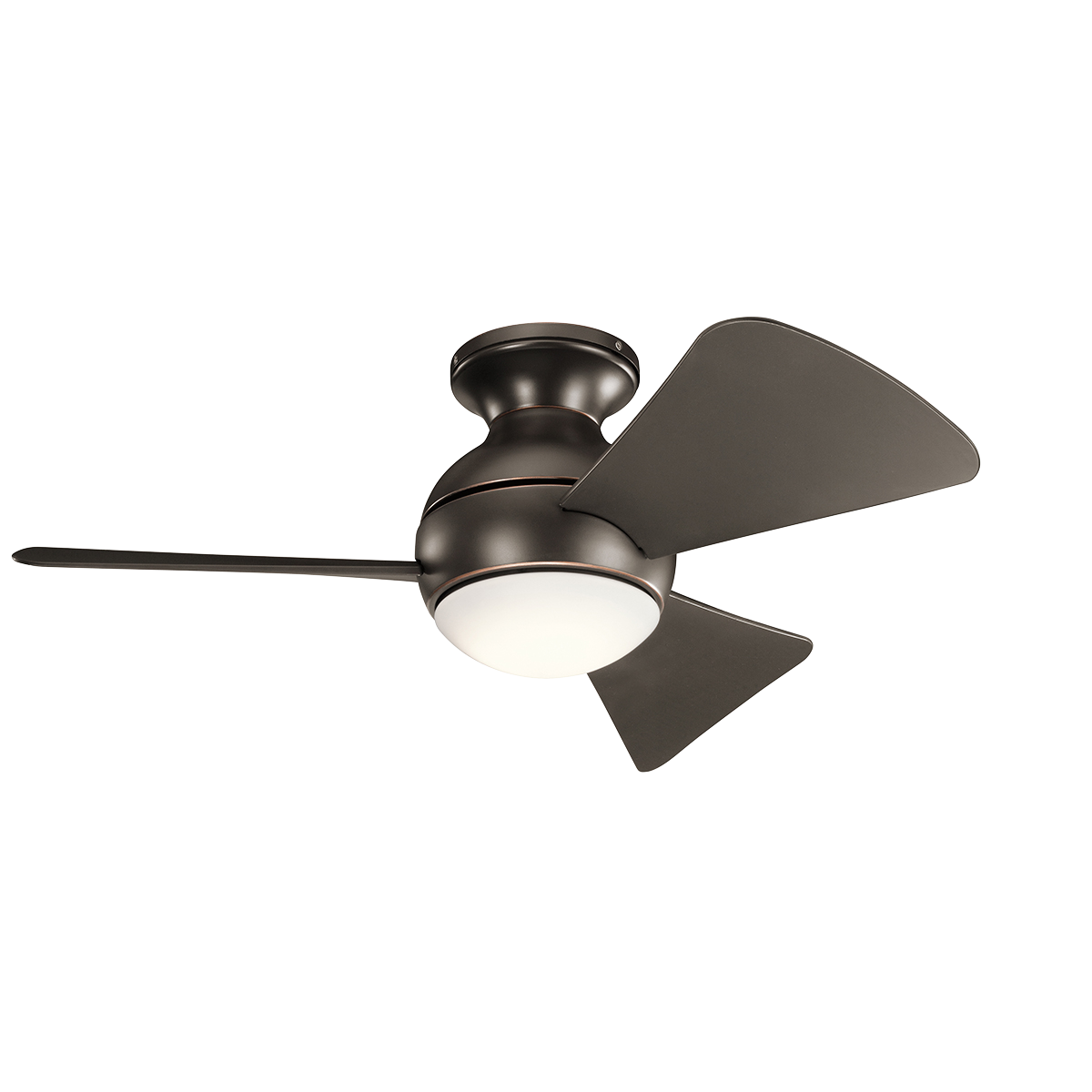 34 Inch Sola Fan in OZ,in. This Olde Bronze 34 inch ceiling fan from the Sola collection which can be used in wet locations, features integrated LED lighting and flush mount installation.  The globe inspired motor housing shape brings delightful style to any space.  A metal fixture cap is included for non light use installations.