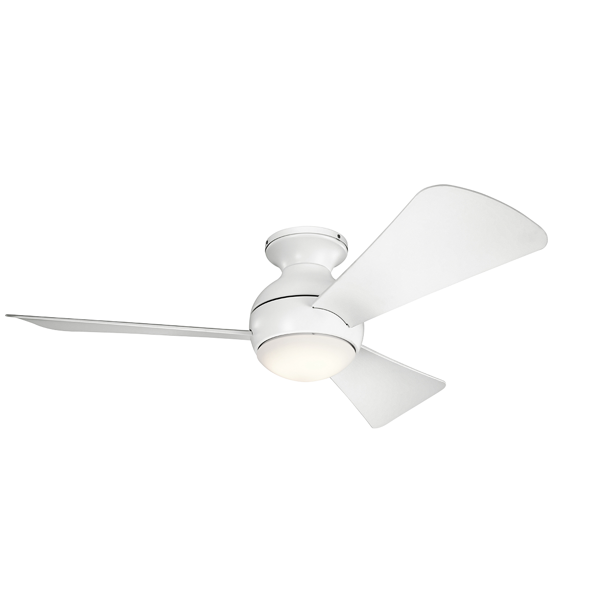 44 Inch Sola Fan in MWH,in. This Matte White 44 inch ceiling fan from the Sola collection which can be used in wet locations, features integrated LED lighting and flush mount installation.  The globe inspired motor housing shape brings delightful style to any space.  A metal fixture cap is included for non light use installations.