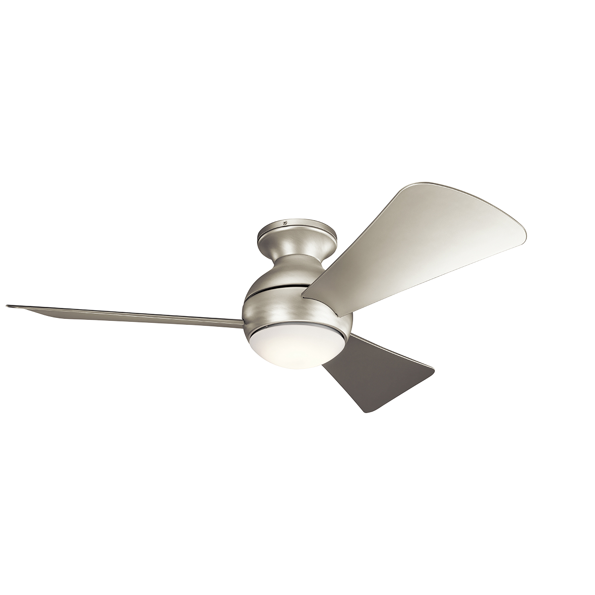 44 Inch Sola Fan in NI,in. This Brushed Nickel 44 inch ceiling fan from the Sola collection which can be used in wet locations, features integrated LED lighting and flush mount installation.  The globe inspired motor housing shape brings delightful style to any space.  A metal fixture cap is included for non light use installations.