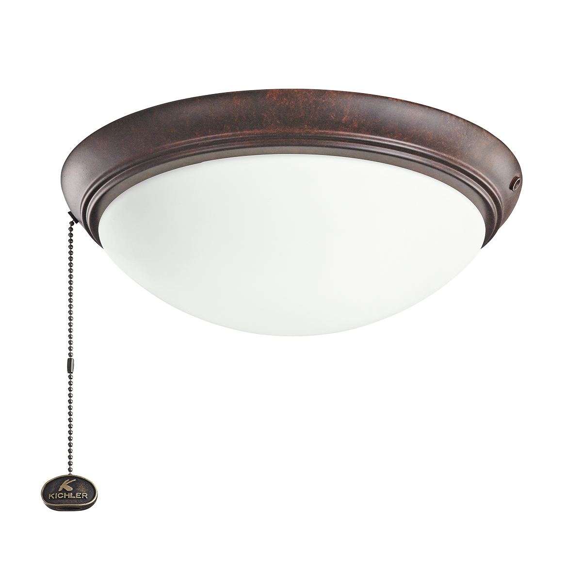 Low profile Etched Cased Opal LED Ceiling Fan fixture in Tannery Bronze