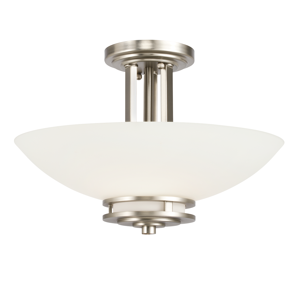 The Hendrik(TM) 15in. 2 light semi flush features a classic look with its Brushed Nickel finish and satin etched cased opal glass. Inspired by Hendrik Berlage, the Hendrik Chandelier works in several aesthetic environments, including traditional and modern.